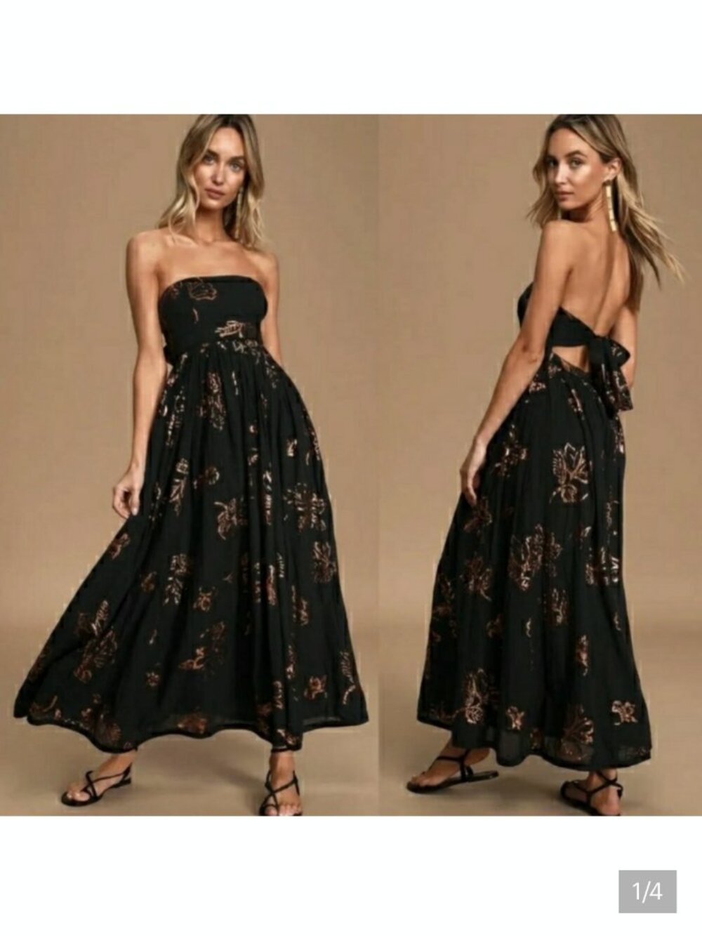 FREE PEOPLE BAJA BABE gold foiled maxi dress small